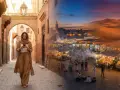 Kobieta w tradycyjnym stroju idzie ulicą Marrakeszu. Po prawej stronie nocny targ i pustynne krajobrazy. Czy lot do Maroko jest bezpieczny?