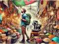 Kolorowy bazar w Indiach. Turysta z plecakiem zastanawia się, co przywieźć z Indii do Polski: przyprawy, figurki, tkaniny?