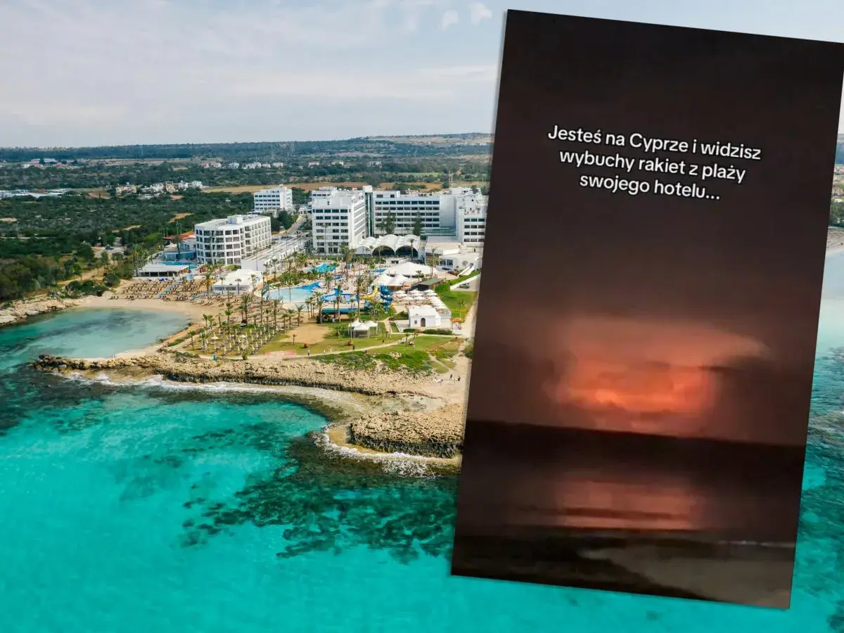 Widok na hotel z basenami i plażą na Cyprze. Na zdjęciu widać też wybuchy rakiet, co budzi wątpliwości co do bezpieczeństwa na Cyprze.