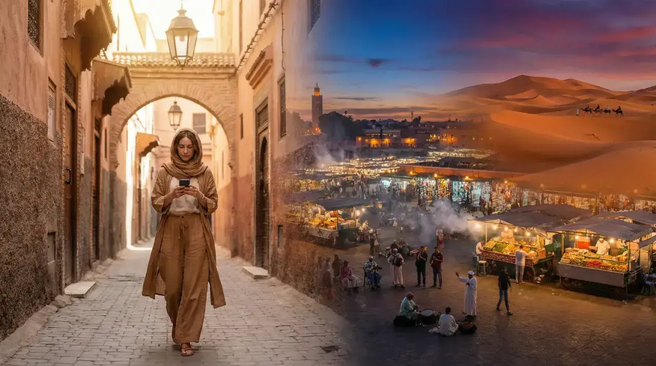 Kobieta w tradycyjnym stroju idzie ulicą Marrakeszu. Po prawej stronie nocny targ i pustynne krajobrazy. Czy lot do Maroko jest bezpieczny?
