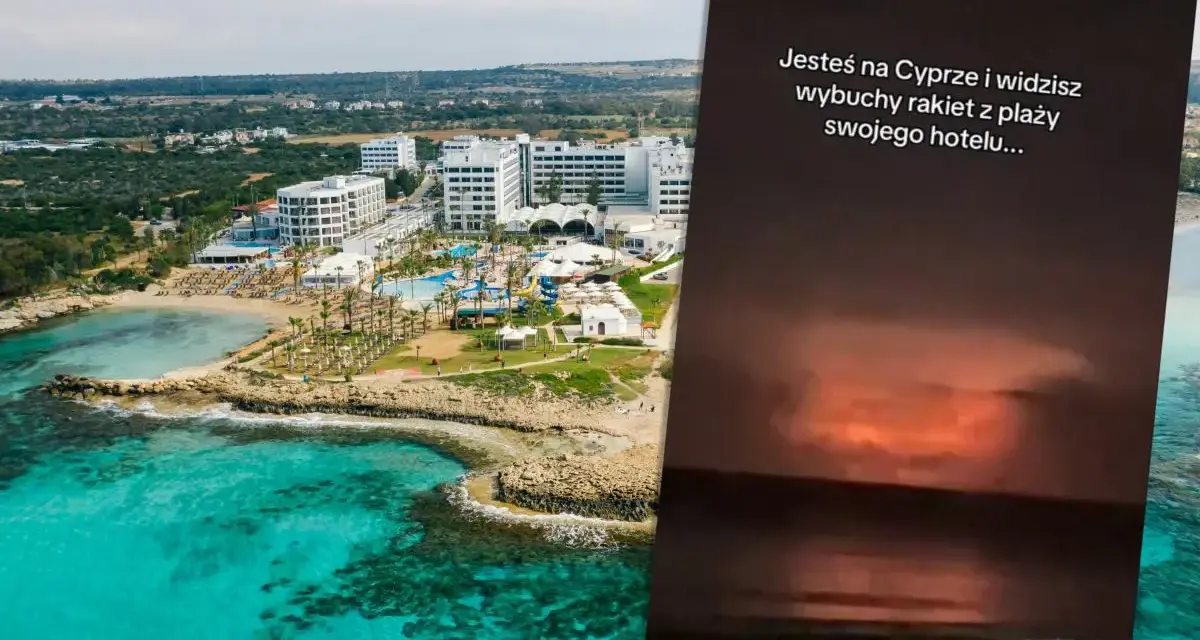 Widok na hotel z basenami i plażą na Cyprze. Na zdjęciu widać też wybuchy rakiet, co budzi wątpliwości co do bezpieczeństwa na Cyprze.
