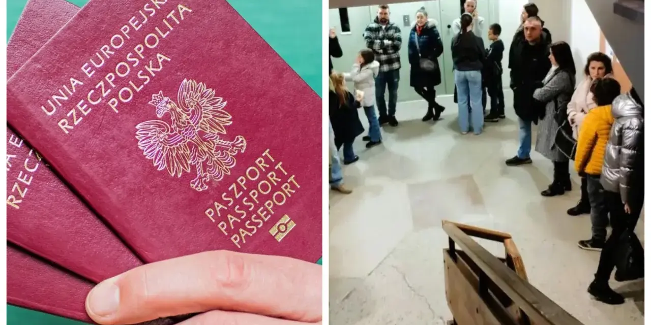 Kolejka do złożenia wniosku o paszport w Opolu. W ręku polski paszport.