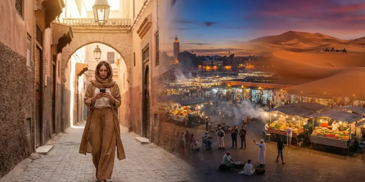 Kobieta w tradycyjnym stroju idzie ulicą Marrakeszu. Po prawej stronie nocny targ i pustynne krajobrazy. Czy lot do Maroko jest bezpieczny?
