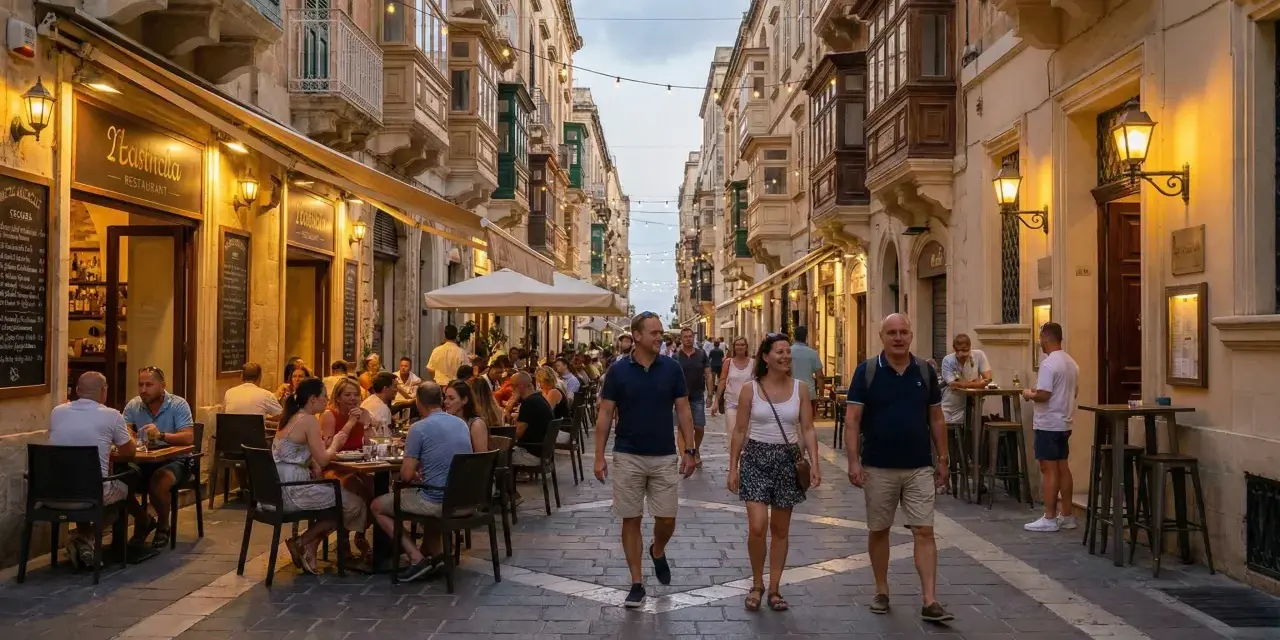 Ludzie spacerują i jedzą w restauracjach na ulicy w Valletcie. Czy podróż na Maltę jest bezpieczna? Tak, wygląda na to, że jest to bezpieczne i przyjemne miejsce.