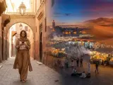 Kobieta w tradycyjnym stroju idzie ulicą Marrakeszu. Po prawej stronie nocny targ i pustynne krajobrazy. Czy lot do Maroko jest bezpieczny?
