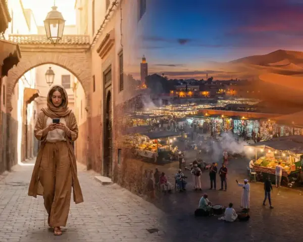 Kobieta w tradycyjnym stroju idzie ulicą Marrakeszu. Po prawej stronie nocny targ i pustynne krajobrazy. Czy lot do Maroko jest bezpieczny?