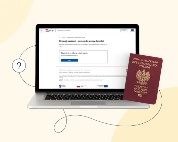 Dowiedz się, ile czasu wyrabia się paszport, korzystając z serwisu gov.pl. Na ekranie laptopa widzisz stronę z informacjami o uzyskaniu dokumentu.