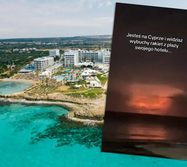 Widok na hotel z basenami i plażą na Cyprze. Na zdjęciu widać też wybuchy rakiet, co budzi wątpliwości co do bezpieczeństwa na Cyprze.