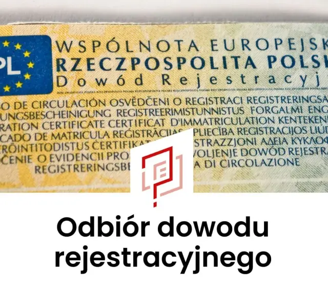 Odbiór dowodu rejestracyjnego w Szczecinie. Dokument z symbolem PL i wielojęzycznymi nazwami "Dowód Rejestracyjny".