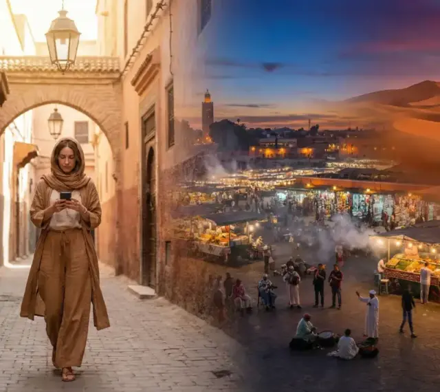Kobieta w tradycyjnym stroju idzie ulicą Marrakeszu. Po prawej stronie nocny targ i pustynne krajobrazy. Czy lot do Maroko jest bezpieczny?