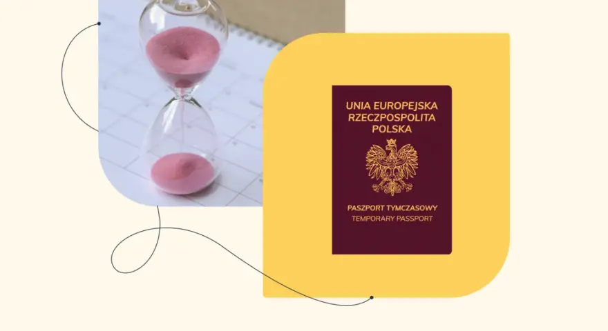 Klepsydra i polski paszport tymczasowy symbolizują, ile trwa wyrobienie paszportu w trybie przyspieszonym.