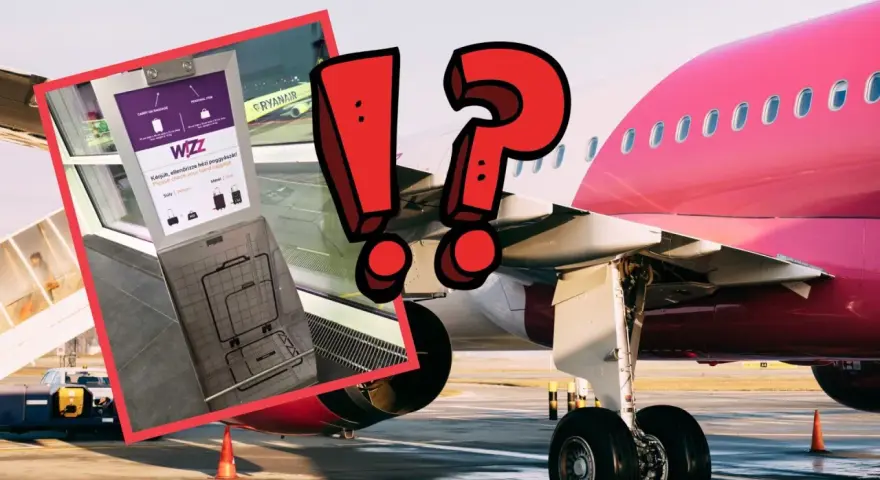 Wizz Air: czy można wziąć parasol do samolotu? Tablica kontrolna bagażu podręcznego obok samolotu Wizz Air.