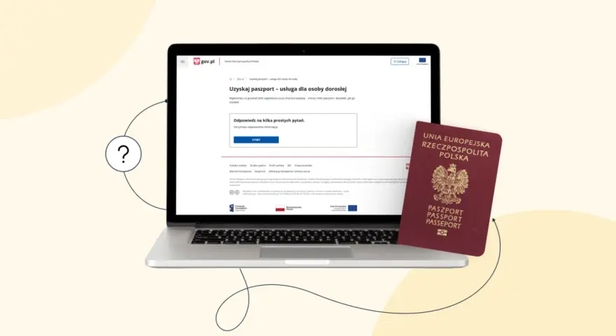 Dowiedz się, ile czasu wyrabia się paszport, korzystając z serwisu gov.pl. Na ekranie laptopa widzisz stronę z informacjami o uzyskaniu dokumentu.
