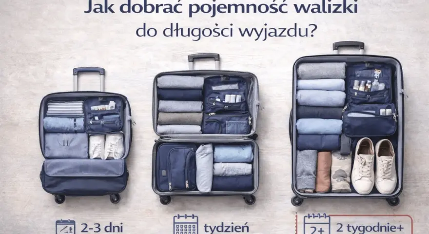 Trzy otwarte walizki z ubraniami i akcesoriami, pokazujące różną pojemność.