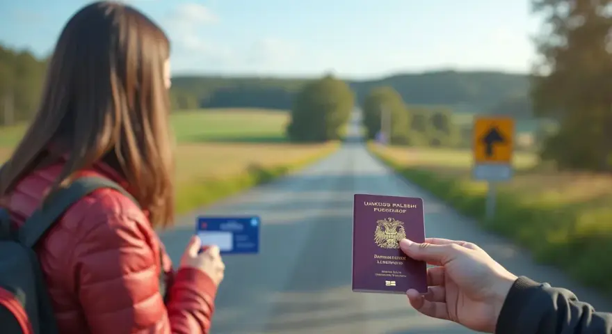 Podróż do Szwecji? Czy do Szwecji potrzebny jest paszport? Kobieta z plecakiem trzyma kartę, a ręka pokazuje paszport na tle drogi.