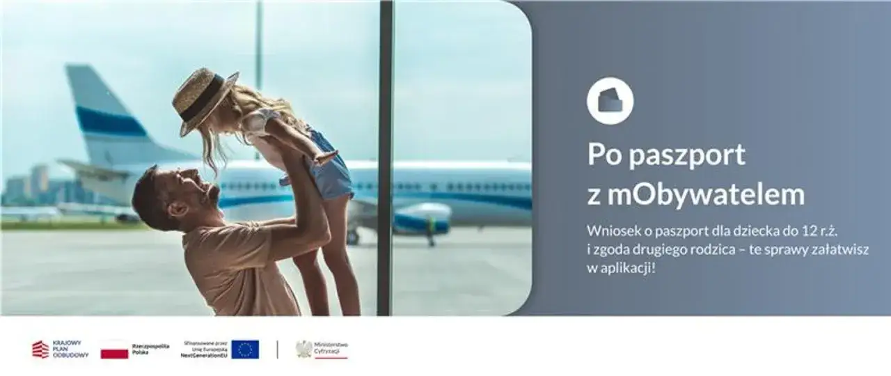 Ojciec podrzuca córkę na lotnisku. Dowiedz się, jak wyrobić paszport online dla dziecka do 12 lat w aplikacji mObywatel.