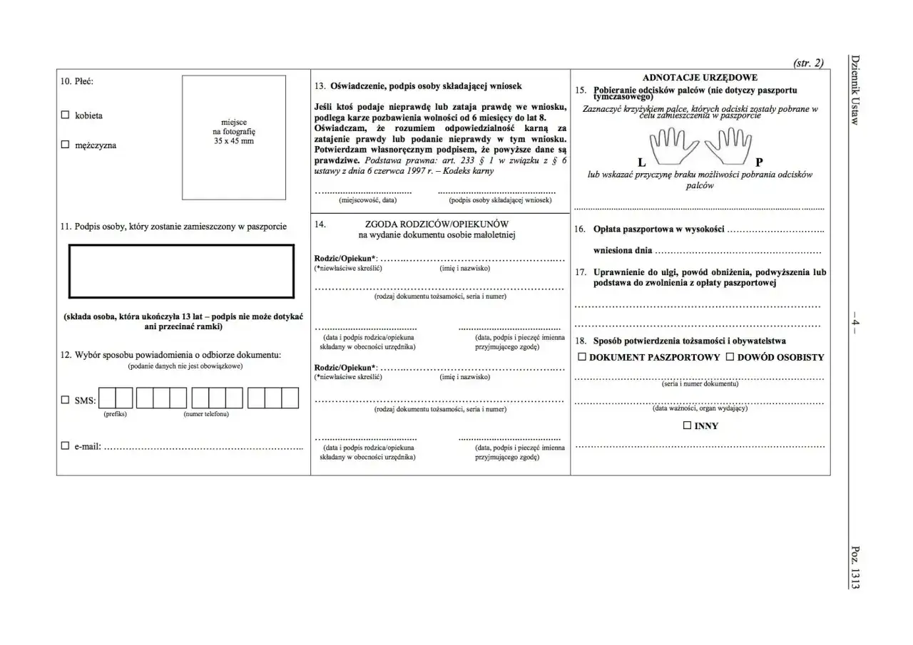 Formularz wniosku o paszport, z polami do wypełnienia dla biura paszportowego Ostrołęka.