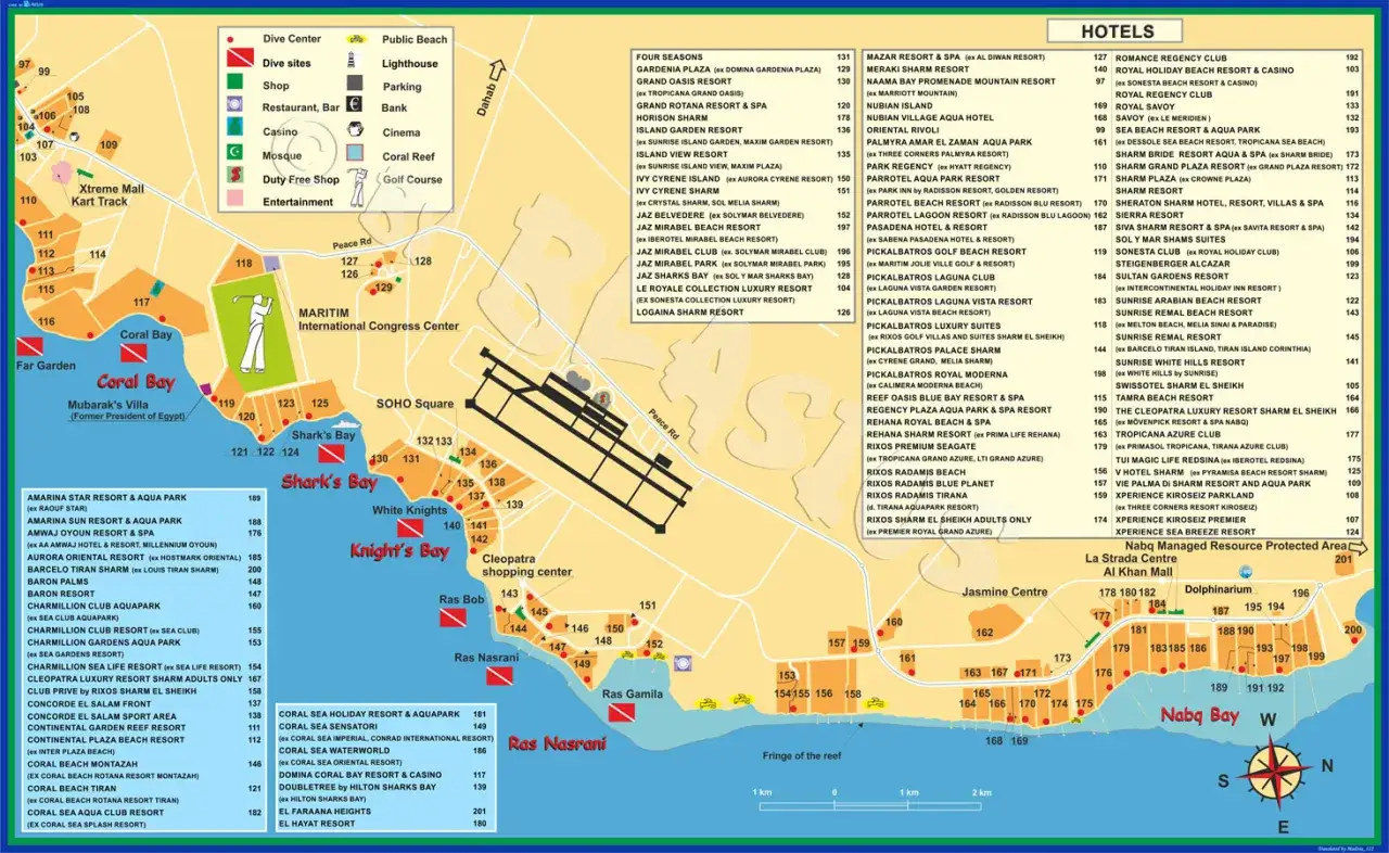 Mapa Sharm El Sheikh pokazuje wiele hoteli i atrakcji, co sugeruje, że wyjazd do Sharm El Sheikh jest bezpieczny i oferuje wiele możliwości wypoczynku.