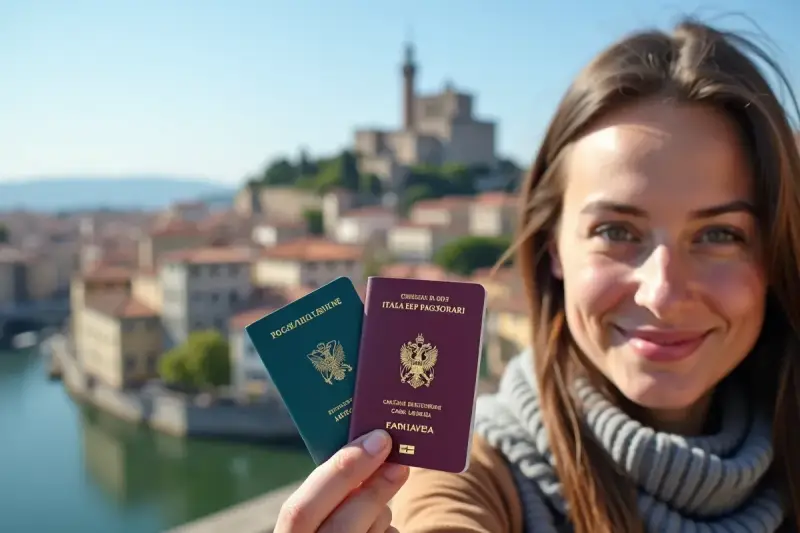 Uśmiechnięta kobieta trzyma paszporty na tle włoskiego miasta. Czy do Włoch potrzebny jest paszport? Tak, jeśli nie jesteś obywatelem UE.